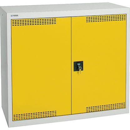 Environmental cupboard with door perforations, HxWxD 900 x 1000 x 500 mm, 2 tray shelves, light grey / signal yellow.