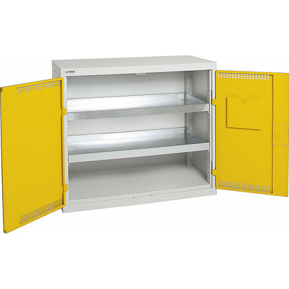 Environmental cupboard with door perforations, HxWxD 900 x 1000 x 500 mm, 2 tray shelves, light grey / signal yellow.