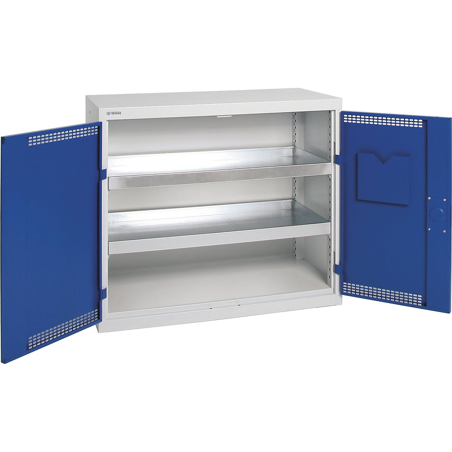 Environmental cupboard with door perforations, HxWxD 900 x 1000 x 500 mm, 2 tray shelves, light grey / gentian blue.