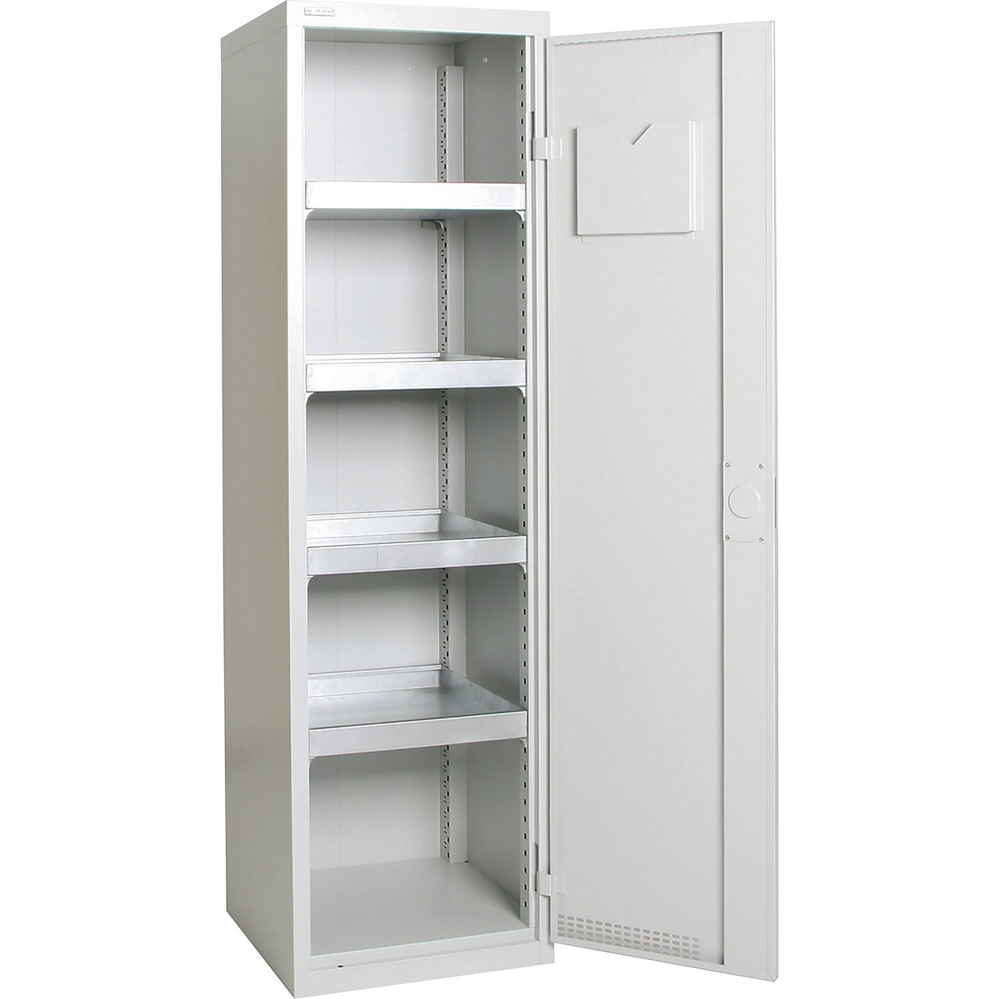 Environmental cupboard with door perforations, HxWxD 1800 x 500 x 500 mm, 4 tray shelves, light grey / light grey.