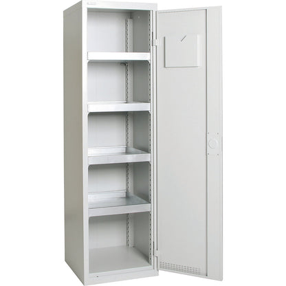 Environmental cupboard with door perforations, HxWxD 1800 x 500 x 500 mm, 4 tray shelves, light grey / light grey.