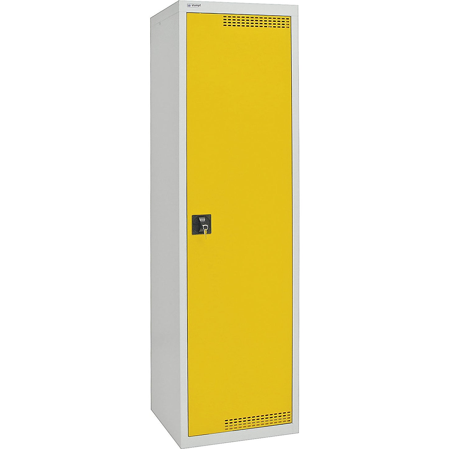 Environmental cupboard with door perforations, HxWxD 1800 x 500 x 500 mm, 4 tray shelves, light grey / signal yellow.
