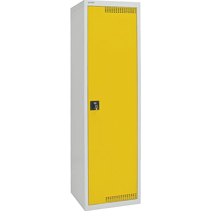 Environmental cupboard with door perforations, HxWxD 1800 x 500 x 500 mm, 4 tray shelves, light grey / signal yellow.