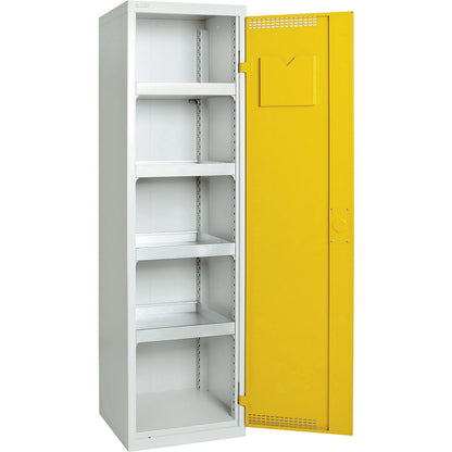 Environmental cupboard with door perforations, HxWxD 1800 x 500 x 500 mm, 4 tray shelves, light grey / signal yellow.