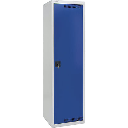 Environmental cupboard with door perforations, HxWxD 1800 x 500 x 500 mm, 4 tray shelves, light grey / gentian blue.