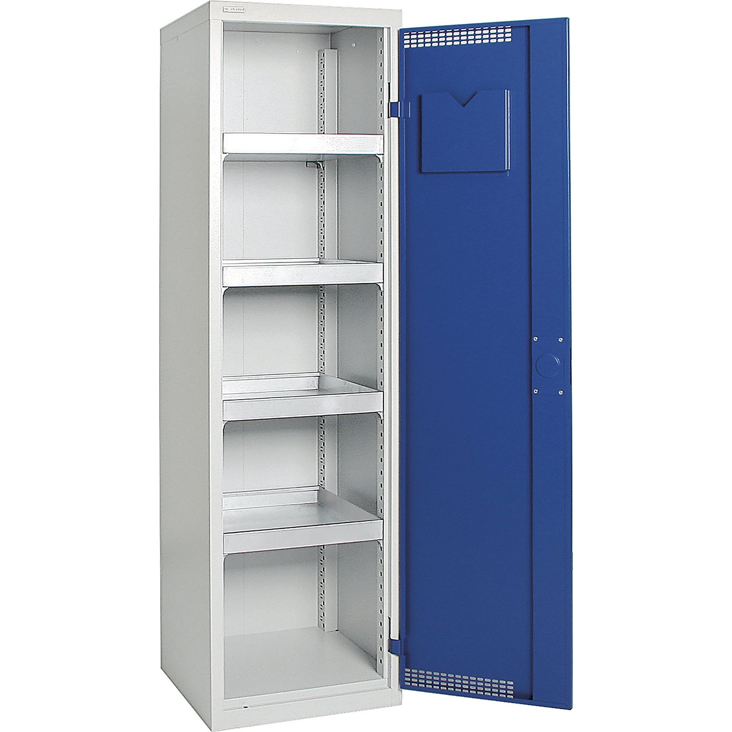 Environmental cupboard with door perforations, HxWxD 1800 x 500 x 500 mm, 4 tray shelves, light grey / gentian blue.