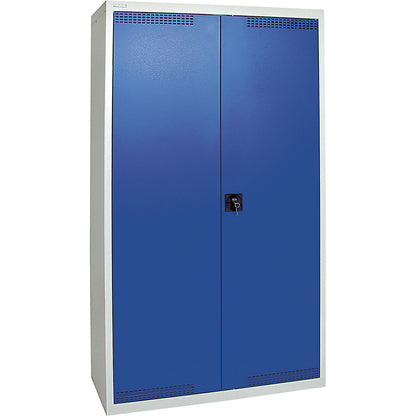Environmental cupboard with door perforations, HxWxD 1800 x 1000 x 500 mm, 4 tray shelves, light grey / gentian blue.