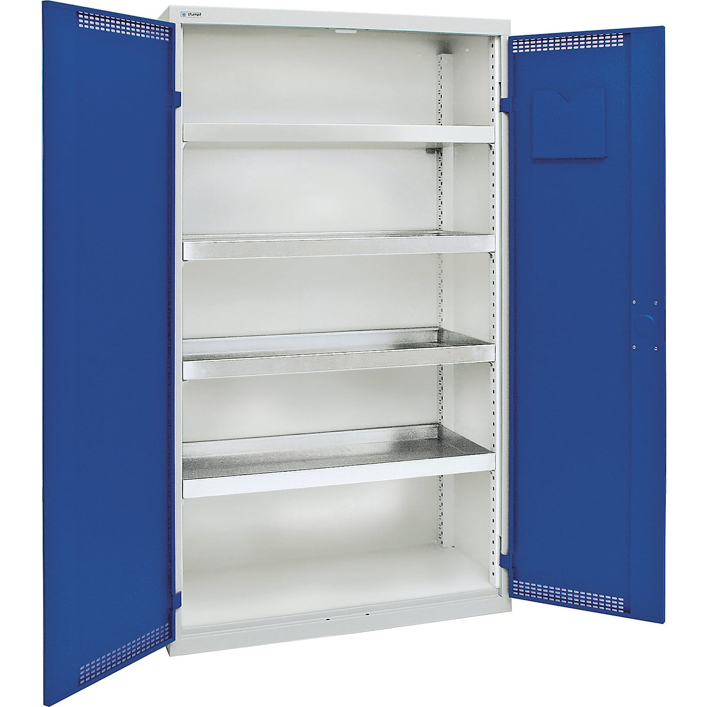 Environmental cupboard with door perforations, HxWxD 1800 x 1000 x 500 mm, 4 tray shelves, light grey / gentian blue.