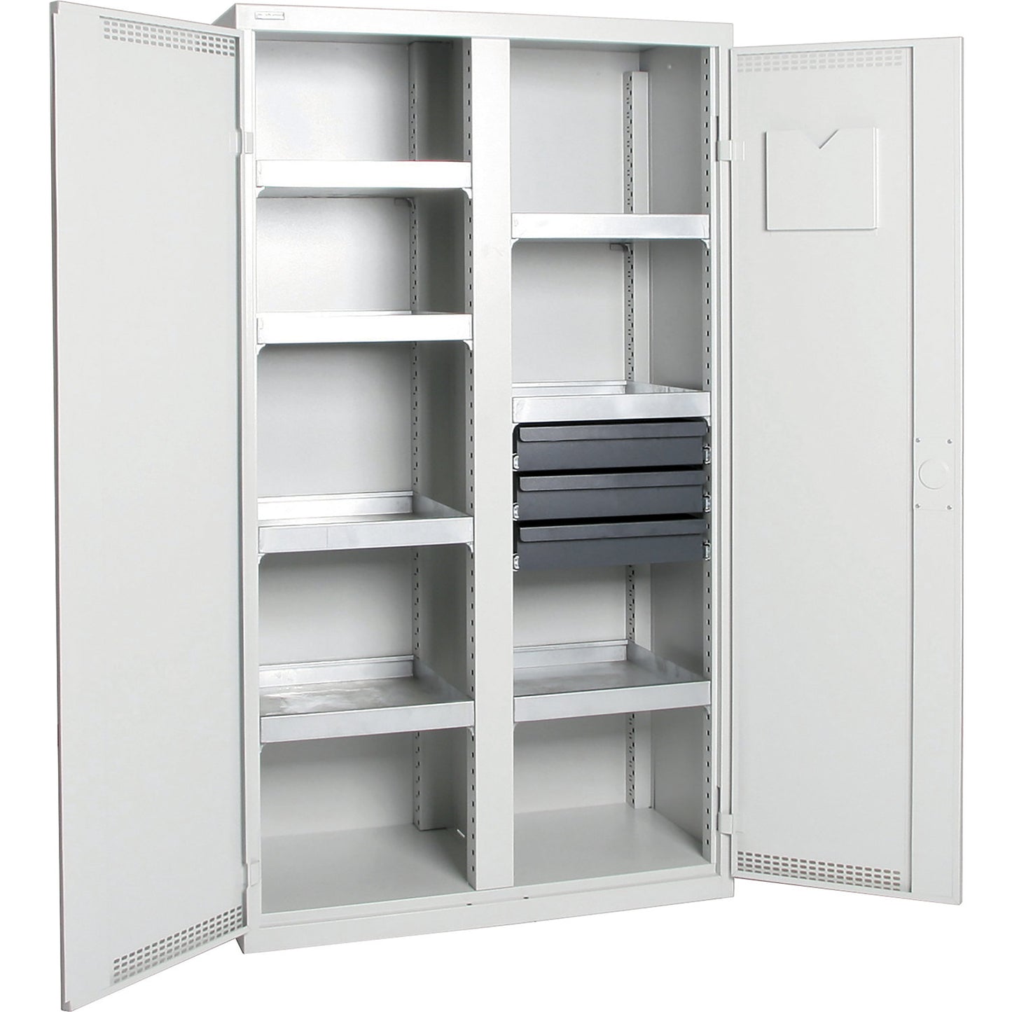Environmental cupboard with door perforations, HxWxD 1800 x 1000 x 500 mm, 7 tray shelves, light grey / light grey.