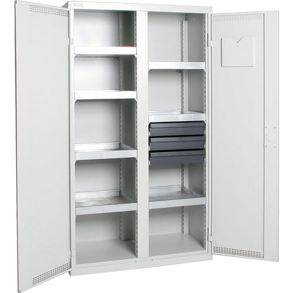 Environmental cupboard with door perforations, HxWxD 1800 x 1000 x 500 mm, 7 tray shelves, light grey / light grey.