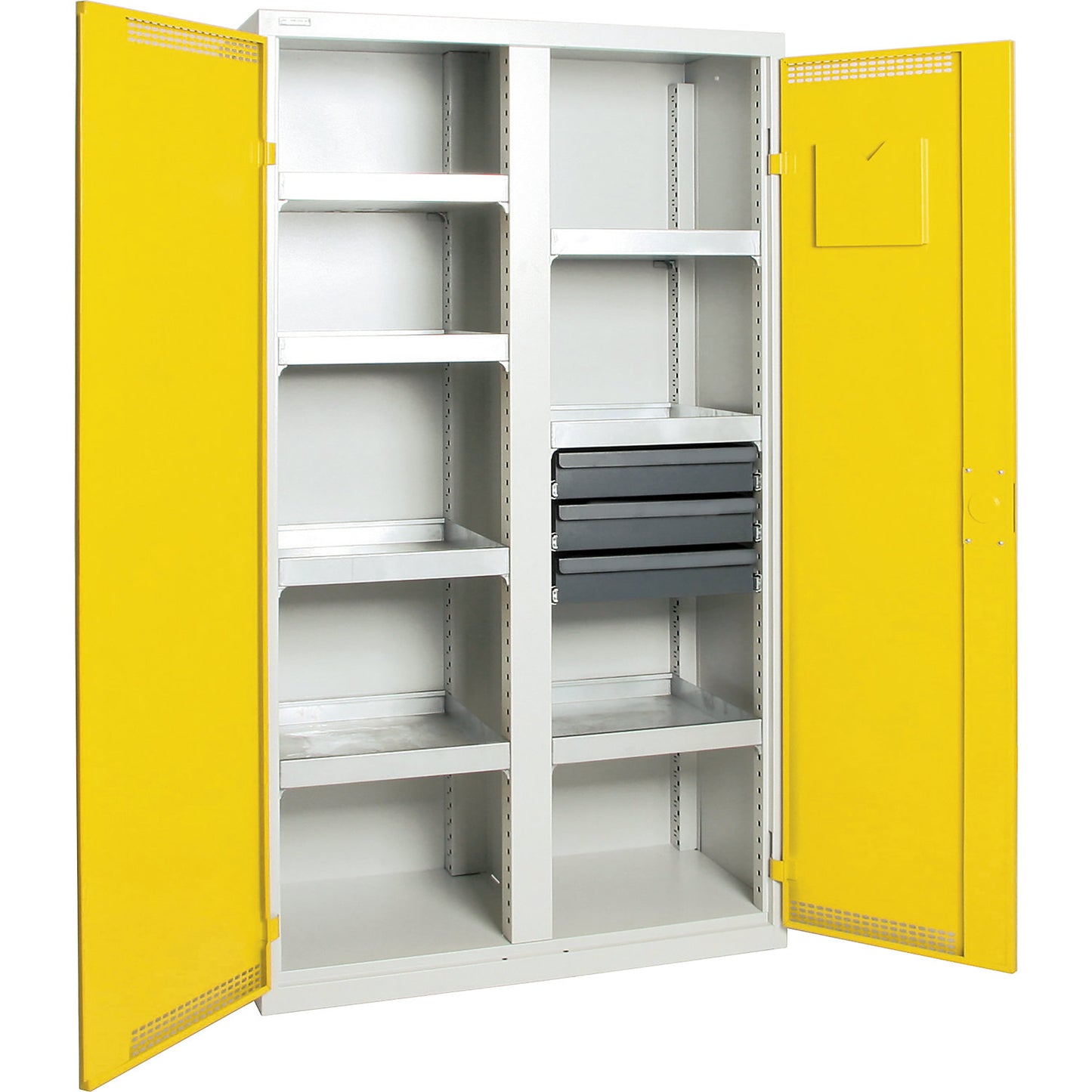 Environmental cupboard with door perforations, HxWxD 1800 x 1000 x 500 mm, 7 tray shelves, light grey / signal yellow.