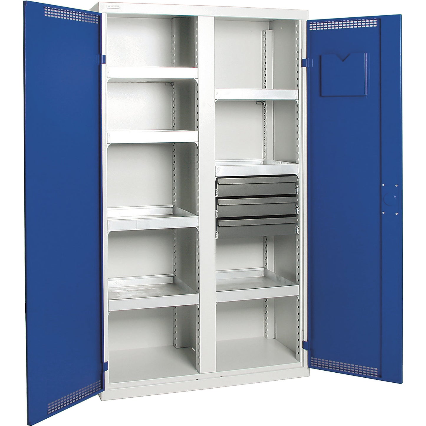 Environmental cupboard with door perforations, HxWxD 1800 x 1000 x 500 mm, 7 tray shelves, light grey / gentian blue.