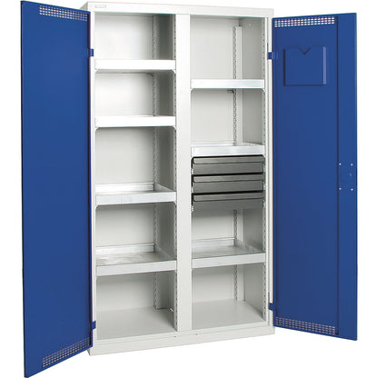 Environmental cupboard with door perforations, HxWxD 1800 x 1000 x 500 mm, 7 tray shelves, light grey / gentian blue.