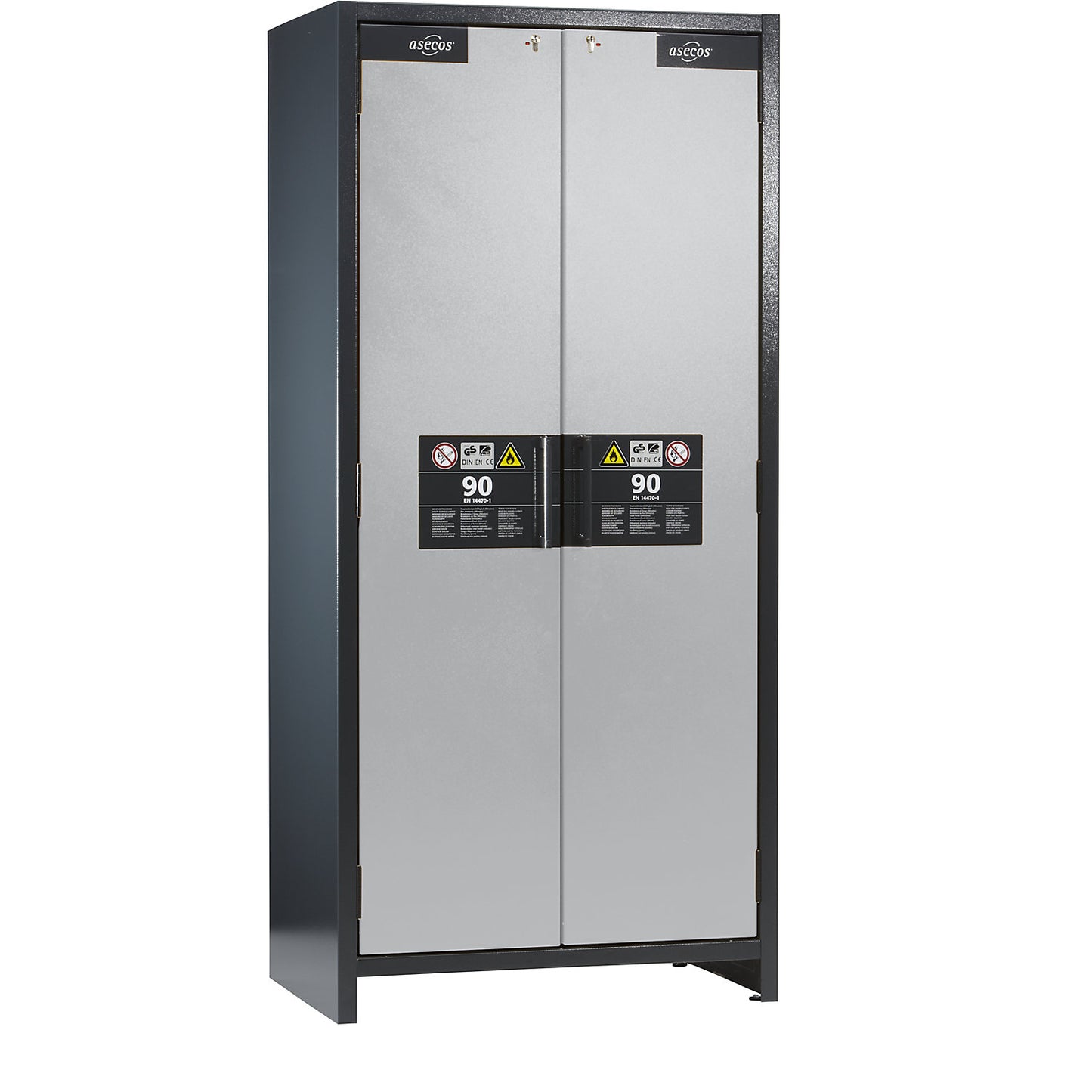 Fire resistant industrial hazardous goods cupboard, type 90, HxWxD 1955 x 900 x 615 mm, 2 door, light grey.