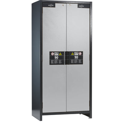 Fire resistant industrial hazardous goods cupboard, type 90, HxWxD 1955 x 900 x 615 mm, 2 door, light grey.