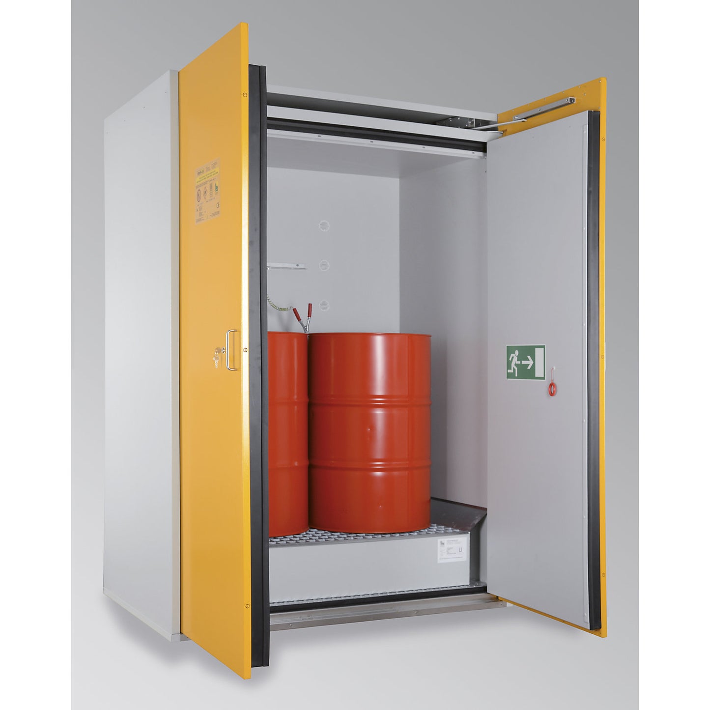 Type 90 drum cupboard, fire resistant, 2 x 200 l drums, integrated sump tray, HxWxD 2200 x 1550 x 1025 mm.