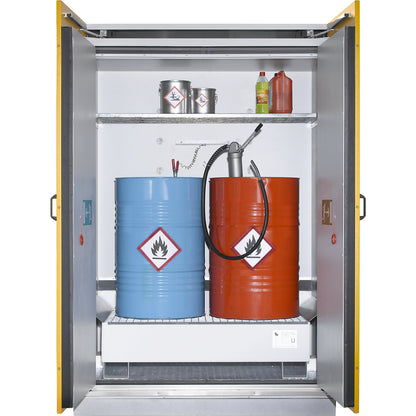Type 90 drum cupboard, fire resistant, 2 x 200 l drums, removable sump tray, HxWxD 2200 x 1550 x 1025 mm.