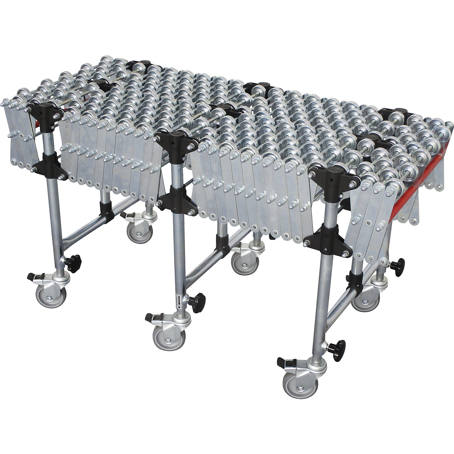 Flexible skate wheel conveyor, track length 2600 - 9800 mm (extendable), track width 600 mm, steel skate wheels.