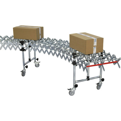Flexible skate wheel conveyor, track length 1300 - 4500 mm (extendable), track width 500 mm, steel skate wheels.
