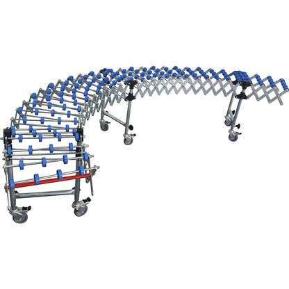 Flexible skate wheel conveyor, track length 1300 - 4500 mm (extendable), track width 400 mm, plastic skate wheels.