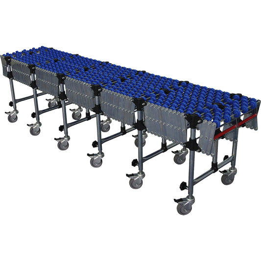 Flexible skate wheel conveyor, track length 1300 - 4500 mm (extendable), track width 500 mm, plastic skate wheels.