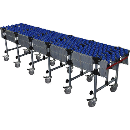 Flexible skate wheel conveyor, track length 2200 - 8000 mm (extendable), track width 600 mm, plastic skate wheels.
