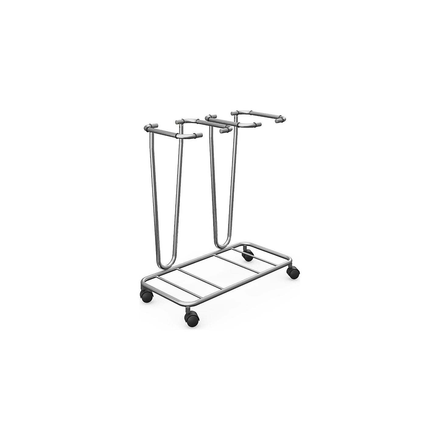 Waste sack stand without lid, for capacity 2 x 70 l, wheeled base, stainless steel.