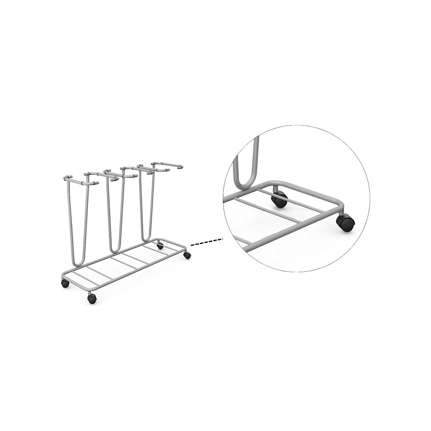 Waste sack stand without lid, for capacity 3 x 70 l, wheeled base, powder coated tubular steel.