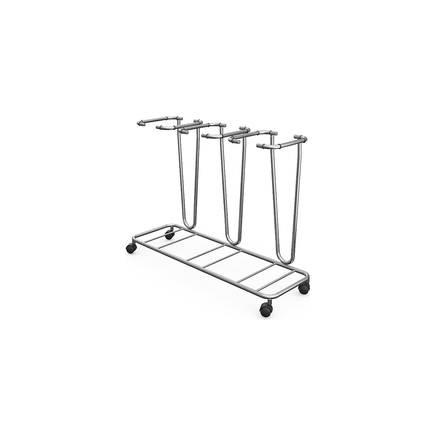 Waste sack stand without lid, for capacity 3 x 70 l, wheeled base, stainless steel.
