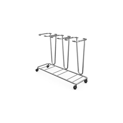 Waste sack stand without lid, for capacity 3 x 70 l, wheeled base, stainless steel.
