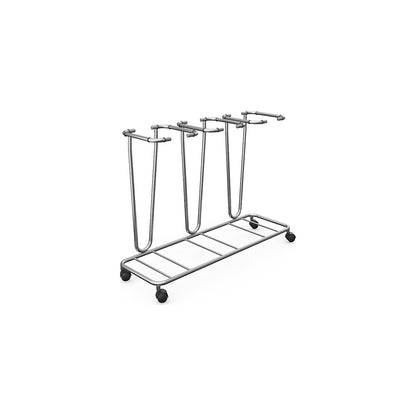 Waste sack stand without lid, for capacity 3 x 70 l, wheeled base, stainless steel.