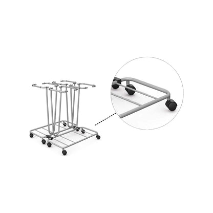 Waste sack stand without lid, for capacity 4 x 70 l, wheeled base, powder coated tubular steel.