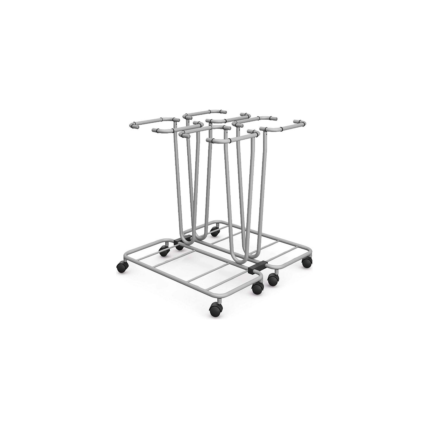 Waste sack stand without lid, for capacity 4 x 70 l, wheeled base, powder coated tubular steel.
