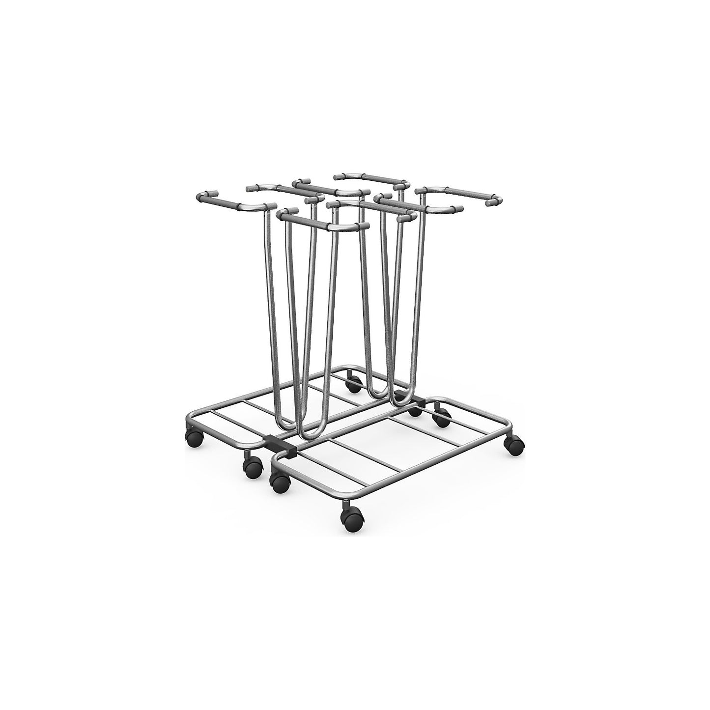 Waste sack stand without lid, for capacity 4 x 70 l, wheeled base, stainless steel.