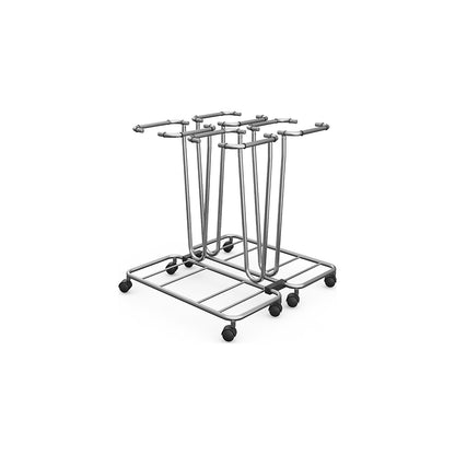 Waste sack stand without lid, for capacity 4 x 70 l, wheeled base, stainless steel.