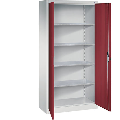 Workshop double door cupboard, HxWxD 1950 x 930 x 400 mm, light grey / ruby red.