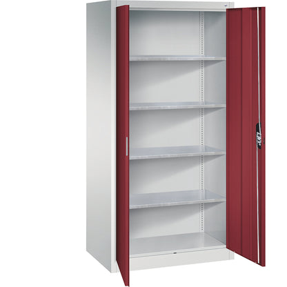 Workshop double door cupboard, HxWxD 1950 x 930 x 600 mm, light grey / ruby red.