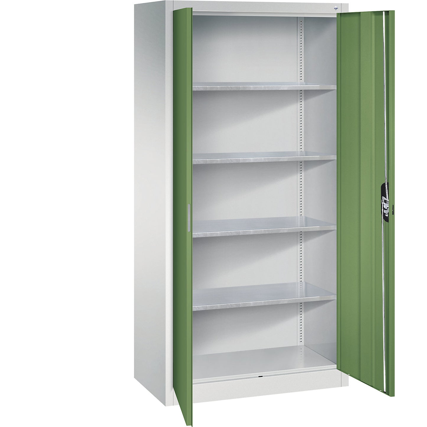Workshop double door cupboard, HxWxD 1950 x 930 x 500 mm, light grey / reseda green.
