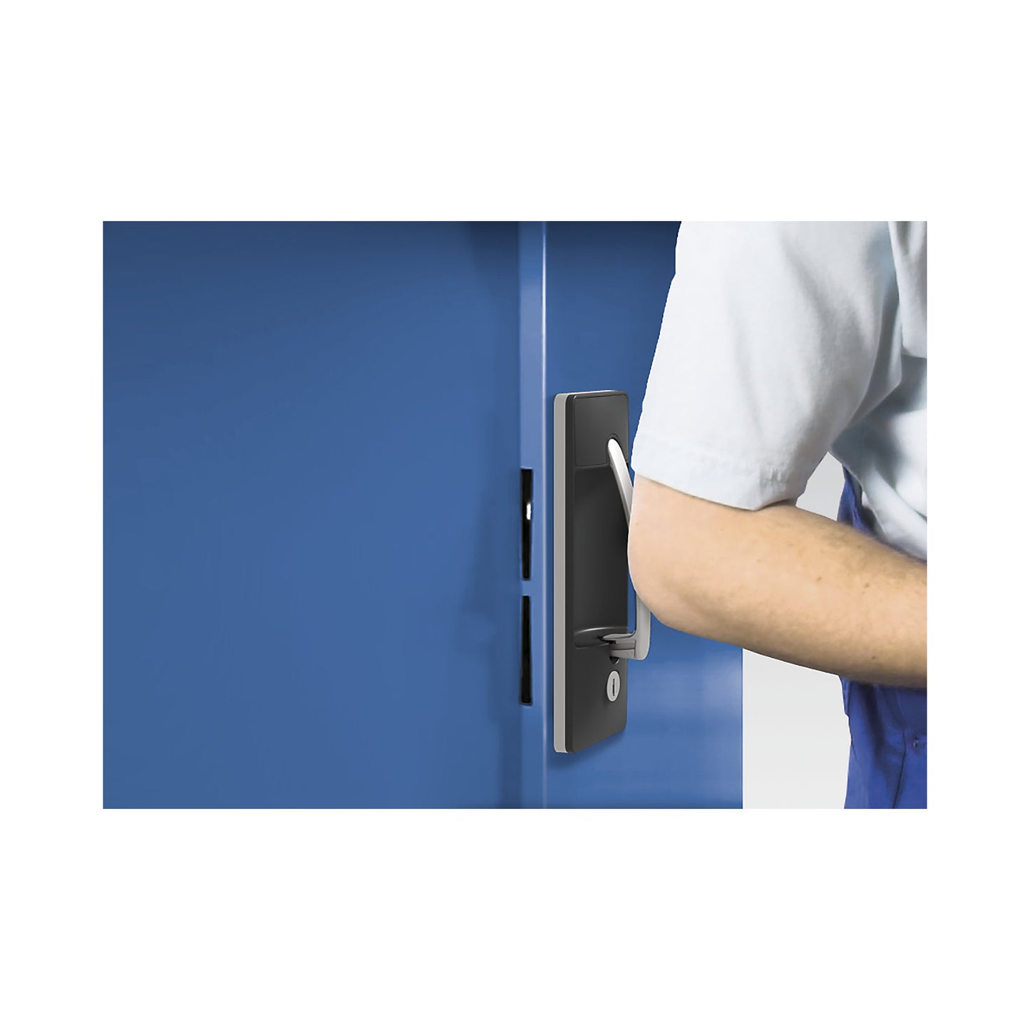 Workshop side cupboard with hinged doors and drawers, HxWxD 1000 x 930 x 500 mm, light grey / light blue.