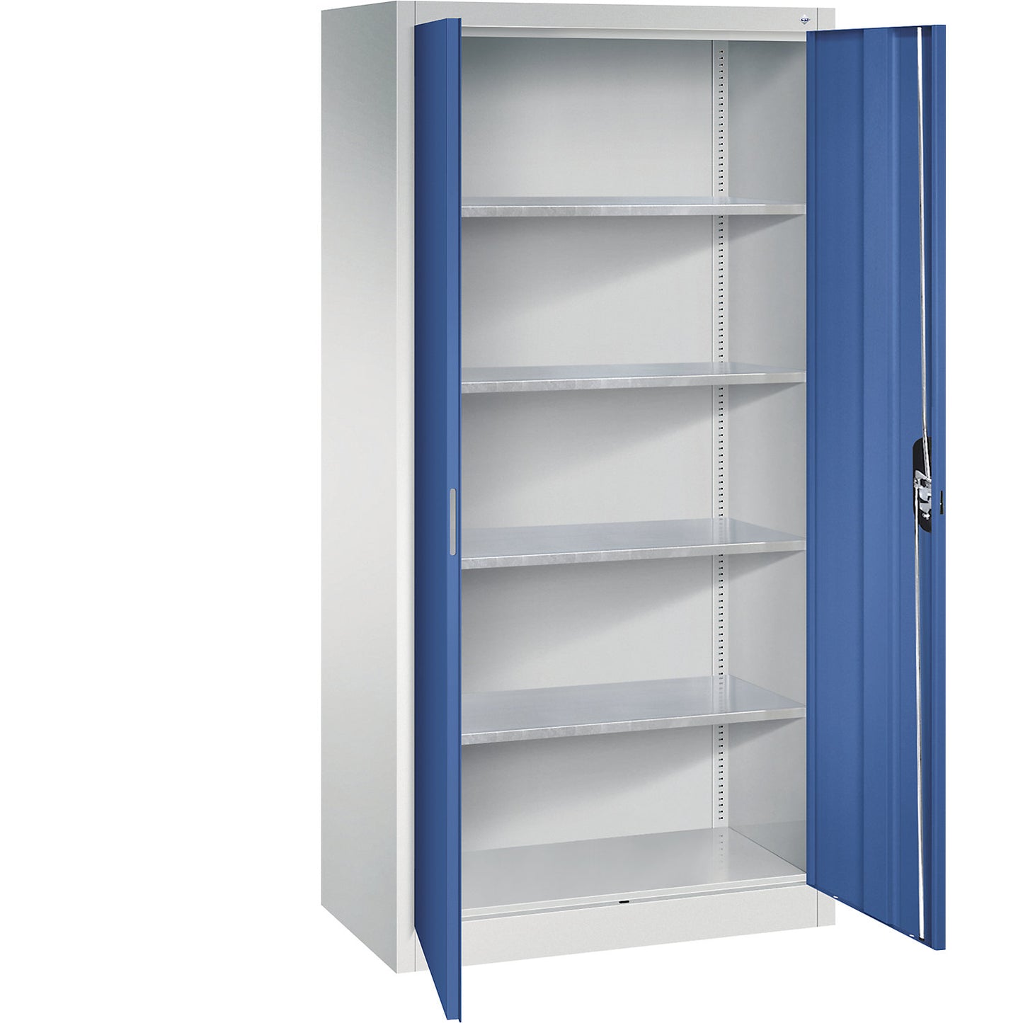 Workshop double door cupboard, HxWxD 1950 x 930 x 500 mm, light grey / gentian blue.