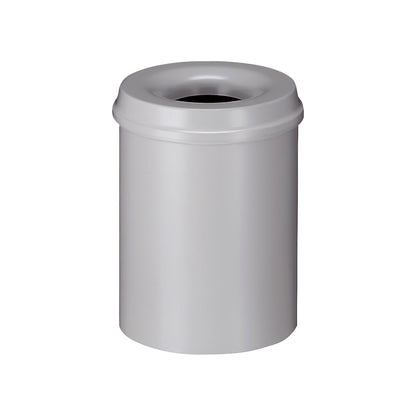 Safety waste paper bin, steel, self-extinguishing, capacity 15 l, HxØ 360 x 255 mm, body grey / extinguishing lid grey.
