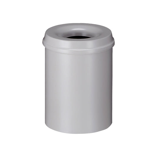 Safety waste paper bin, steel, self-extinguishing, capacity 15 l, HxØ 360 x 255 mm, body grey / extinguishing lid grey.