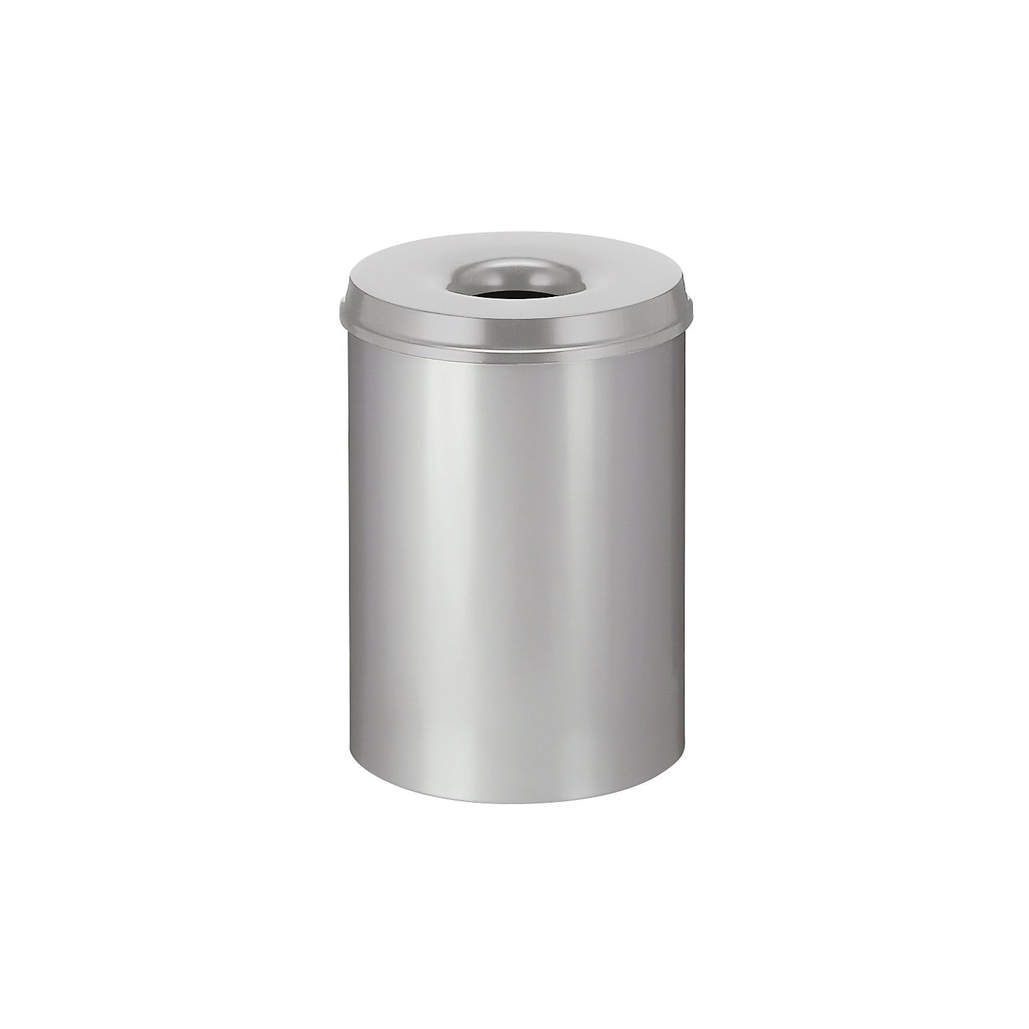 Safety waste paper bin, steel, self-extinguishing, capacity 30 l, HxØ 470 x 335 mm, body grey / extinguishing lid grey.