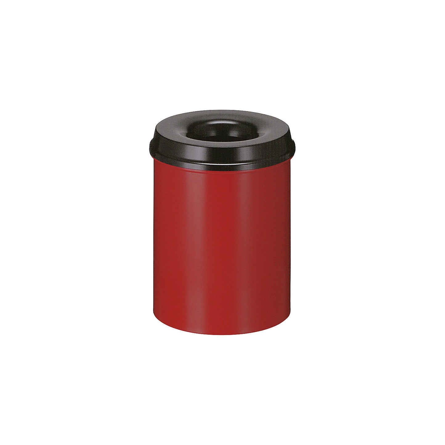 Safety waste paper bin, steel, self-extinguishing, capacity 15 l, HxØ 360 x 255 mm, body red / extinguishing lid black.