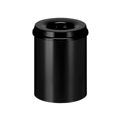 Safety waste paper bin, steel, self-extinguishing, capacity 15 l, HxØ 360 x 255 mm, body black / extinguishing lid black.