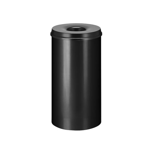 Safety waste paper bin, steel, self-extinguishing, capacity 50 l, HxØ 625 x 335 mm, body black / extinguishing lid black.