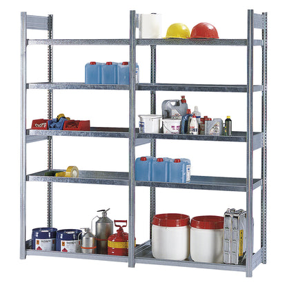 Tray shelf unit, zinc plated steel, double-sided, h 2500 mm, tray WxD 1300 x 600 mm, extension shelf unit.