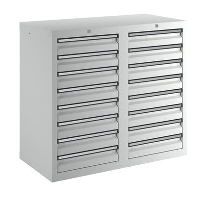 Drawer cupboard, HxWxD 900 x 1000 x 500 mm, 16 x 100 mm high drawers, body and drawers, grey.