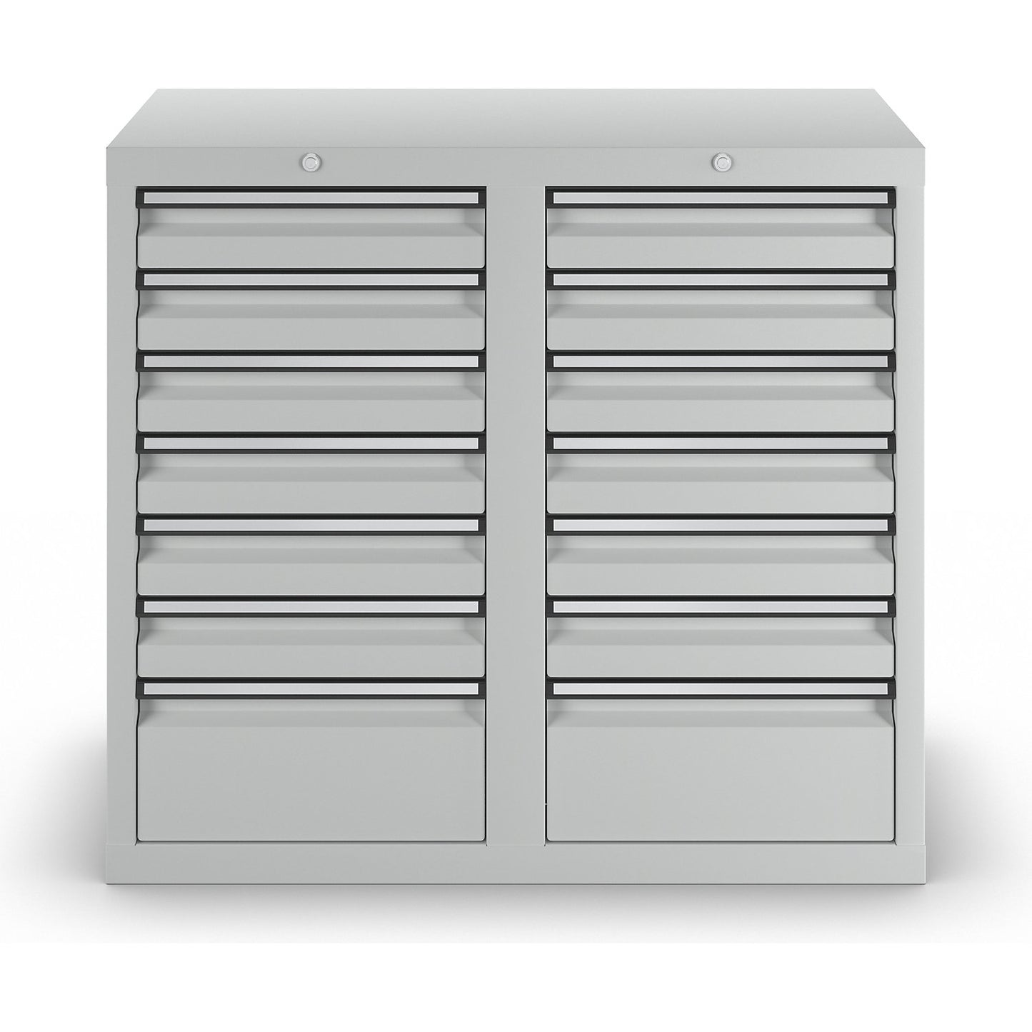Drawer cupboard, HxWxD 900 x 1000 x 500 mm, 12 x 100 mm high drawers, 2 x 200 mm high drawers, body and drawers, grey.