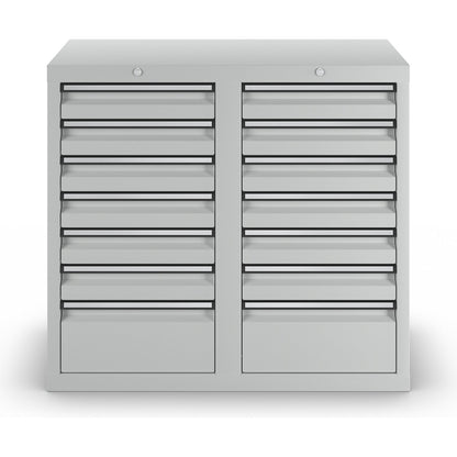 Drawer cupboard, HxWxD 900 x 1000 x 500 mm, 12 x 100 mm high drawers, 2 x 200 mm high drawers, body and drawers, grey.